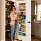 A woman stands in a kitchen doorway next to an open pantry, demonstrating a white door-mounted hanging organizer filled with jars, bottles, and packaged food items.