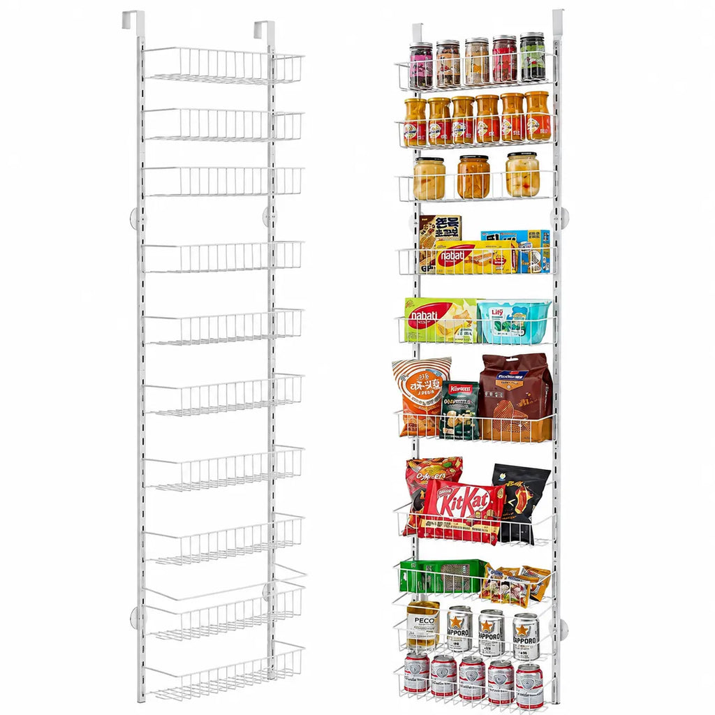 A white metal over-the-door storage organizer shown in two views: empty on the left and stocked with various household items on the right, against a plain white background.
