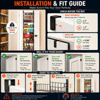 An installation and fit guide infographic showing how to measure and install a door organizer. The graphic features a before-and-after demonstration of a white pantry door filled with items, along with dimension guides for door thickness and gap size, and step-by-step installation instructions.