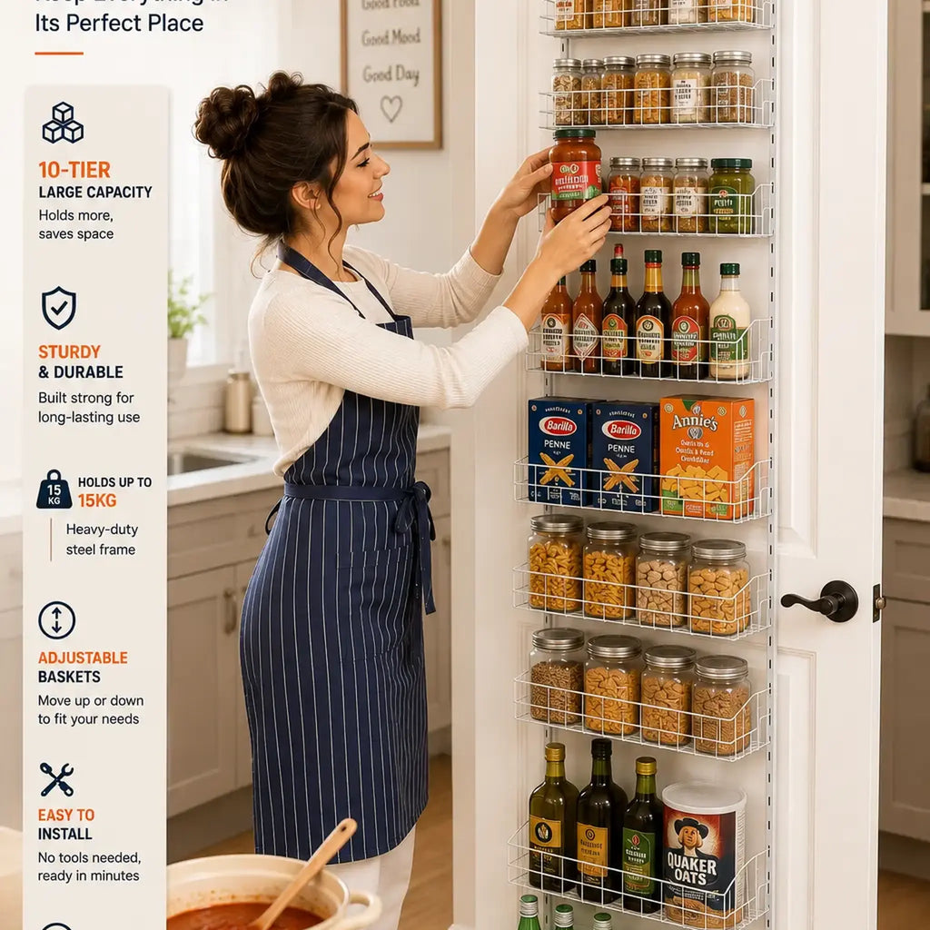 A woman wearing a navy blue apron organizes food items inside a white refrigerator door with a built-in 10-tier wire pantry organizer. The left side features a white informational panel with text and icons highlighting the product's features, such as large capacity, sturdy construction, and adjustable baskets.