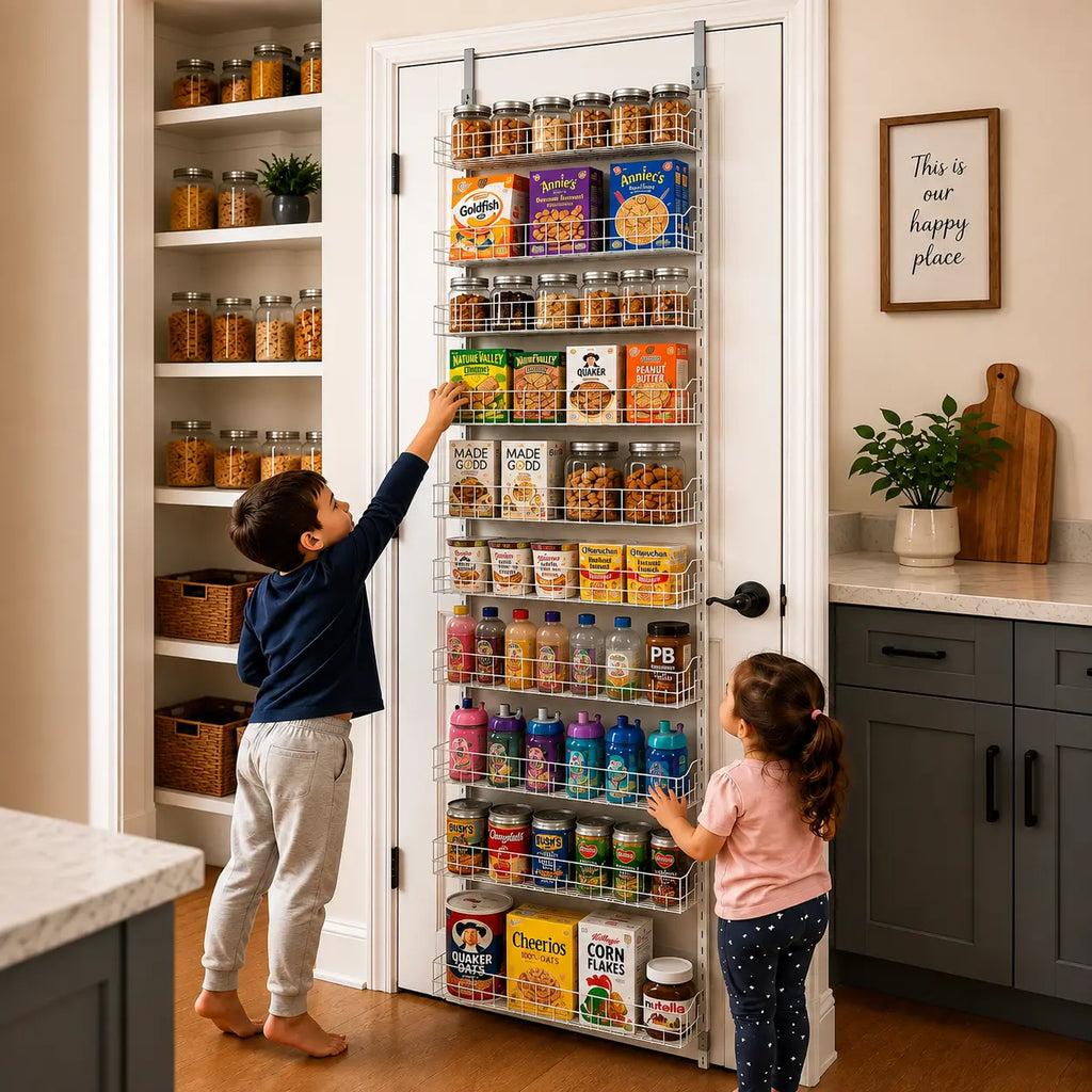 A tall pantry door organizer filled with jars, boxes, and bottles, shown in a real kitchen with two children reaching for items. The scene includes shelves of canned goods, cabinets, a countertop, and framed wall art.