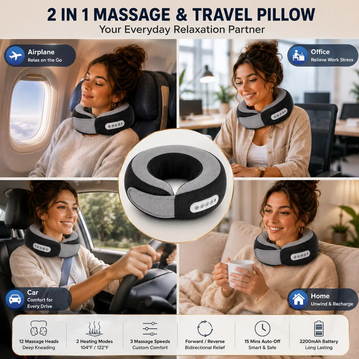 2-in-1 electric neck massager travel pillow with heat used by a woman in airplane, office, car, and home for neck pain relief