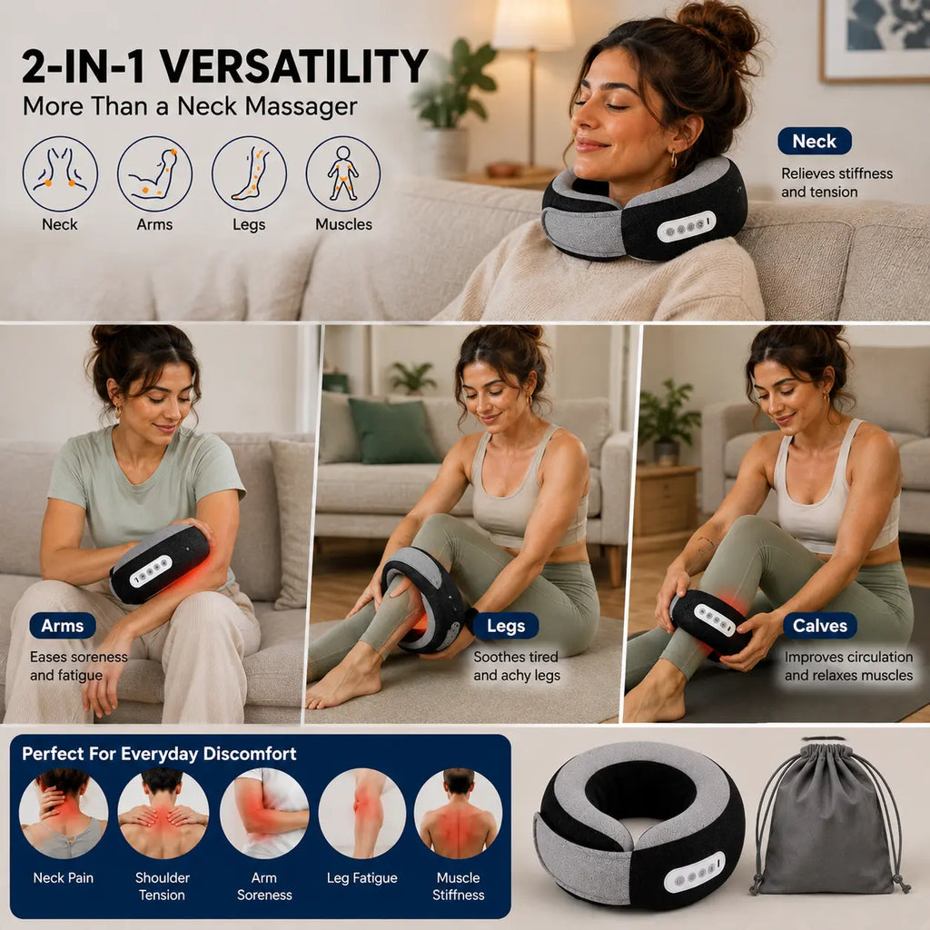 A 2-in-1 neck and body massager shown in a collage with a woman demonstrating its use on her neck, arms, legs, and calves. The infographic includes text labels for each use case, a section on everyday discomfort, and a small inset showing the massager and its drawstring bag.
