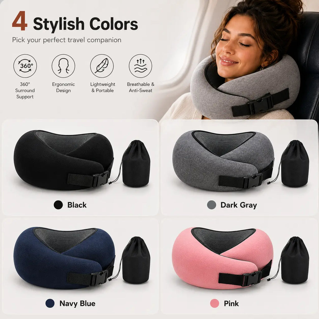Travel neck pillow set shown in four color options: black, dark gray, navy blue, and pink. The top right shows a woman wearing a gray version in an airplane seat.
