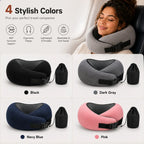 Travel neck pillow set shown in four color options: black, dark gray, navy blue, and pink. The top right shows a woman wearing a gray version in an airplane seat.