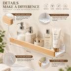 40cm bathroom wall shelf with natural beech wood rail, matte white aluminum tray, 11cm depth and product feature callouts