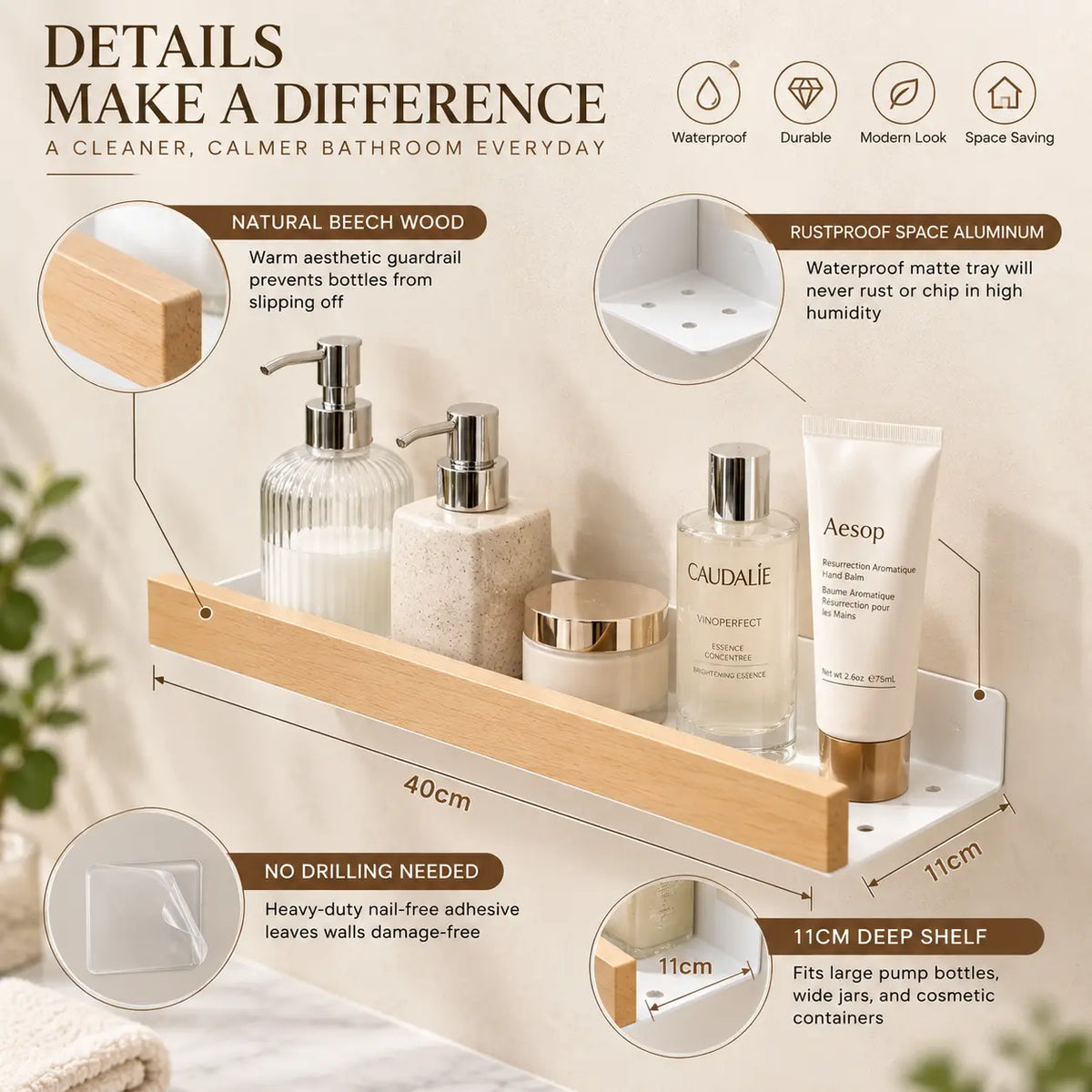 40cm bathroom wall shelf with natural beech wood rail, matte white aluminum tray, 11cm depth and product feature callouts