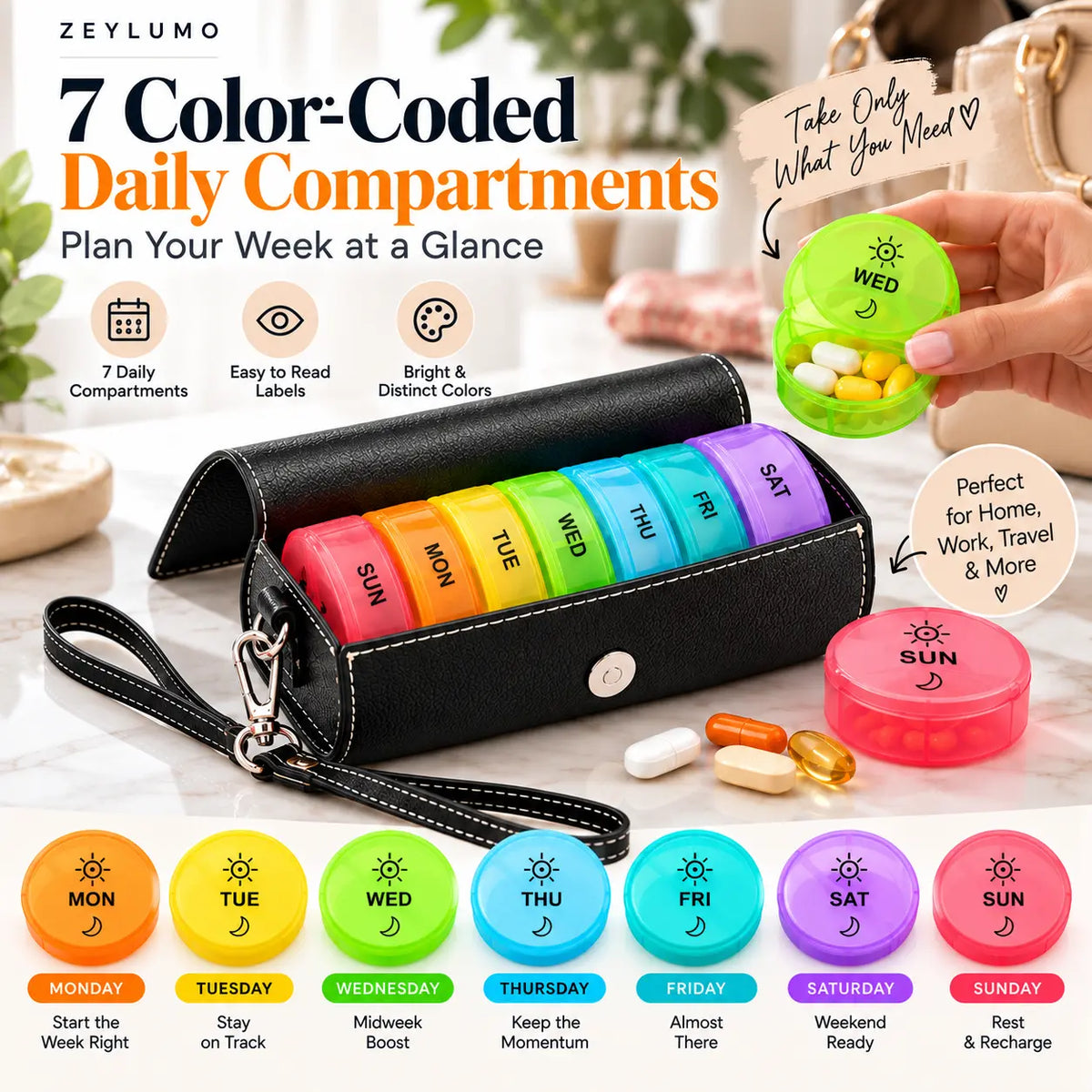 Zeylumo 7-color-coded daily pill organizer shown in an open black faux-leather case with brightly colored weekly compartments, plus a hand holding a green weekly pill cup and a pink daily pill cup. The image includes marketing text, small capsules, and a decorative background.