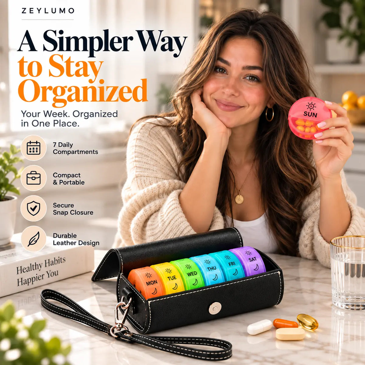 Woman holding a colorful daily pill box beside a black leather weekly pill organizer with seven color coded compartments and detachable wrist strap