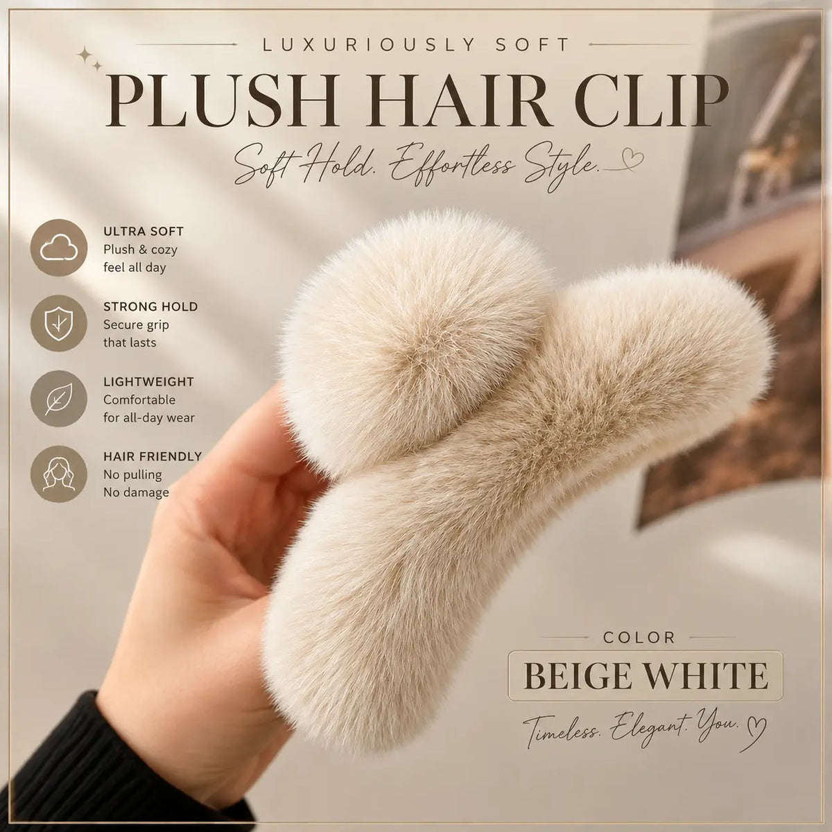 A hand holds a plush faux-fur hair clip in a soft beige-white color against a warm beige background with promotional text. The clip is shown close up, highlighting its fluffy texture and secure hold.