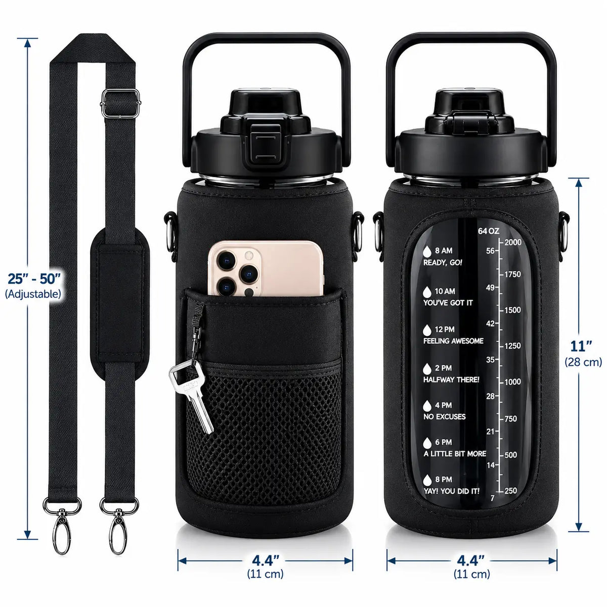 Black insulated water bottle with carrying strap, shown with dimension callouts and a phone inserted into the front pocket. The bottle has a black mesh sleeve, black lid, carry handle, and printed motivational text on the front.