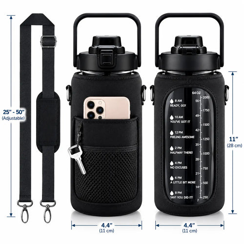 Black insulated water bottle with carrying strap, shown with dimension callouts and a phone inserted into the front pocket. The bottle has a black mesh sleeve, black lid, carry handle, and printed motivational text on the front.