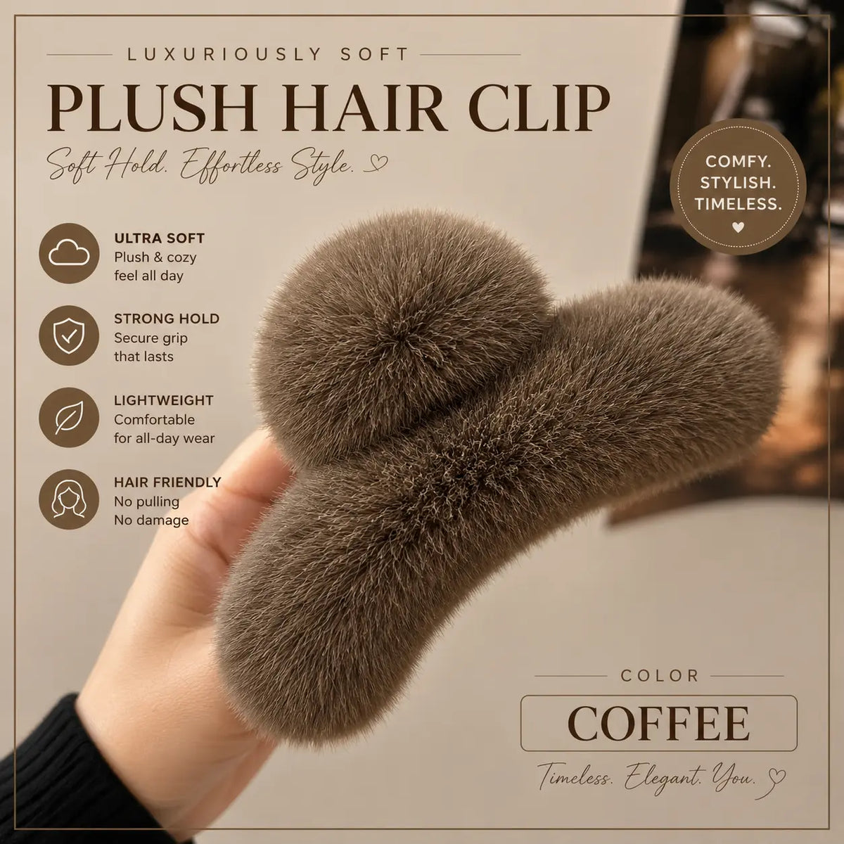 A hand holds a plush brown hair clip against a beige promotional background with text describing its soft, strong-hold, lightweight, and hair-friendly qualities. The clip is labeled as 'COFFEE' color.