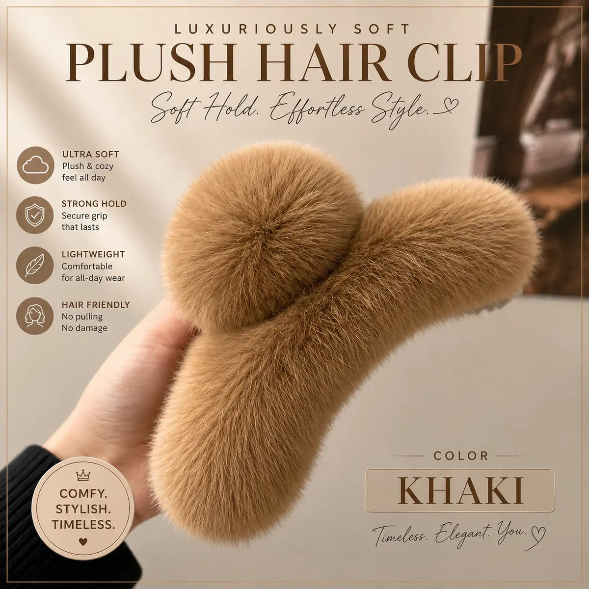 A hand holds a fluffy khaki faux fur hair clip against a warm beige background with promotional text highlighting soft hold, lightweight comfort, and hair-friendly quality.