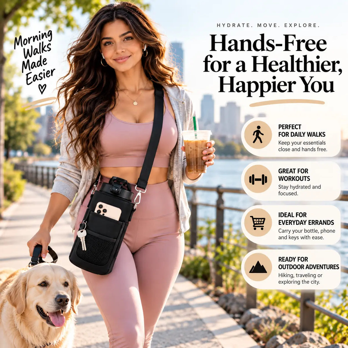 A woman walking outdoors with a golden retriever dog while wearing a black crossbody phone bag with a built-in bottle holder and key pouch. The background shows a blurred city skyline and the text highlights the bag's features for daily walks, workouts, and everyday errands.