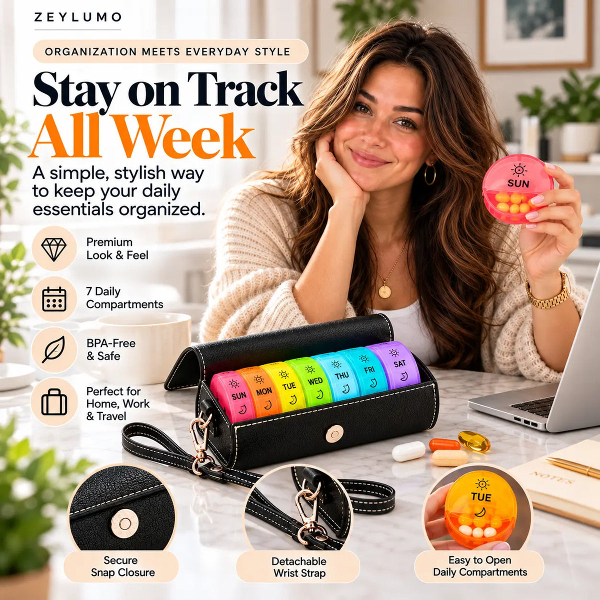 Woman holding a colorful daily pill box beside a black leather weekly pill organizer with seven color coded compartments and detachable wrist strap