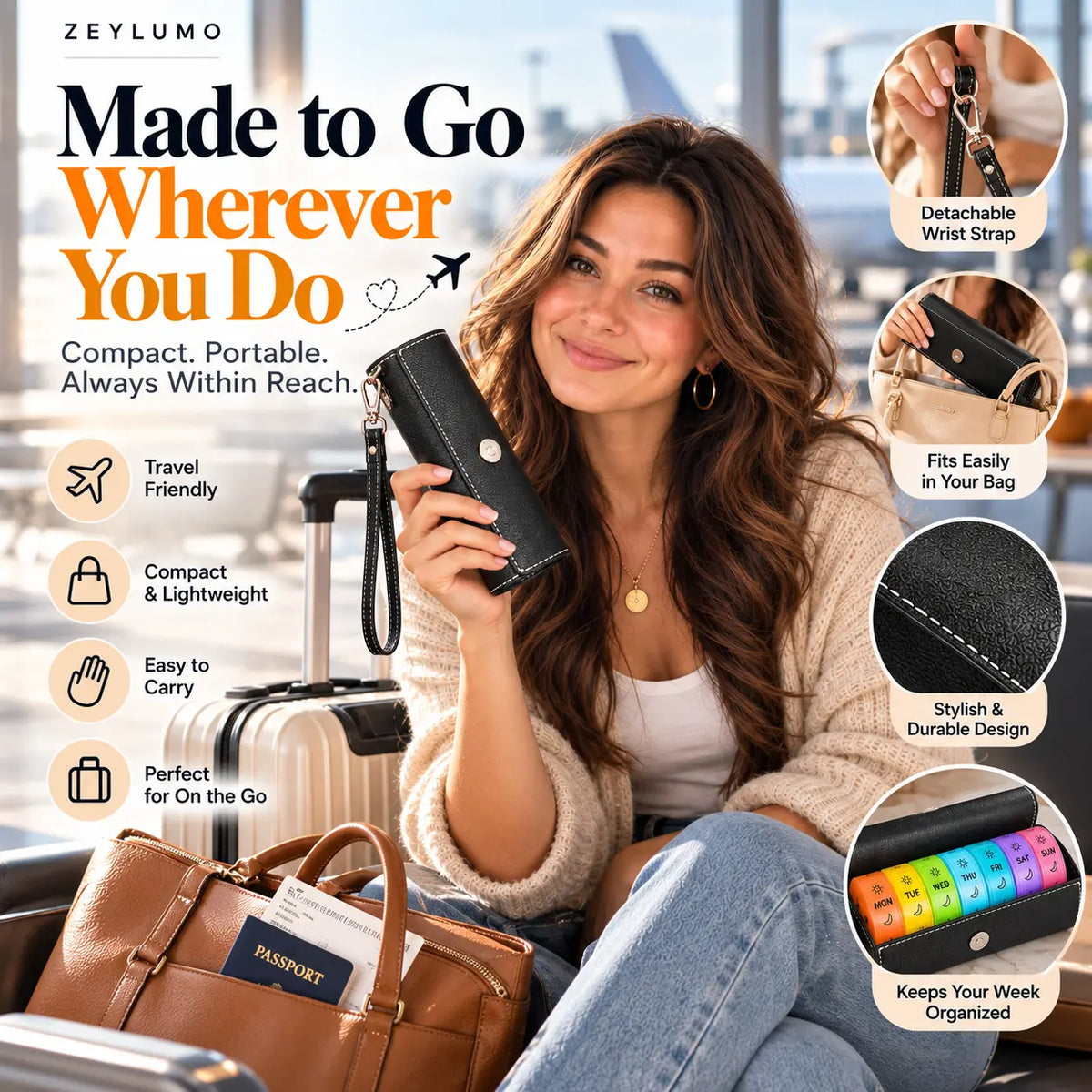 A woman in a travel setting holds a black leather passport holder wallet with a detachable wrist strap. The image includes promotional text and circular inset images showing product features such as detachable wrist strap, fits easily in a bag, stylish and durable design, travel-friendly, compact and lightweight, easy to carry, and perfect for on-the-go use.