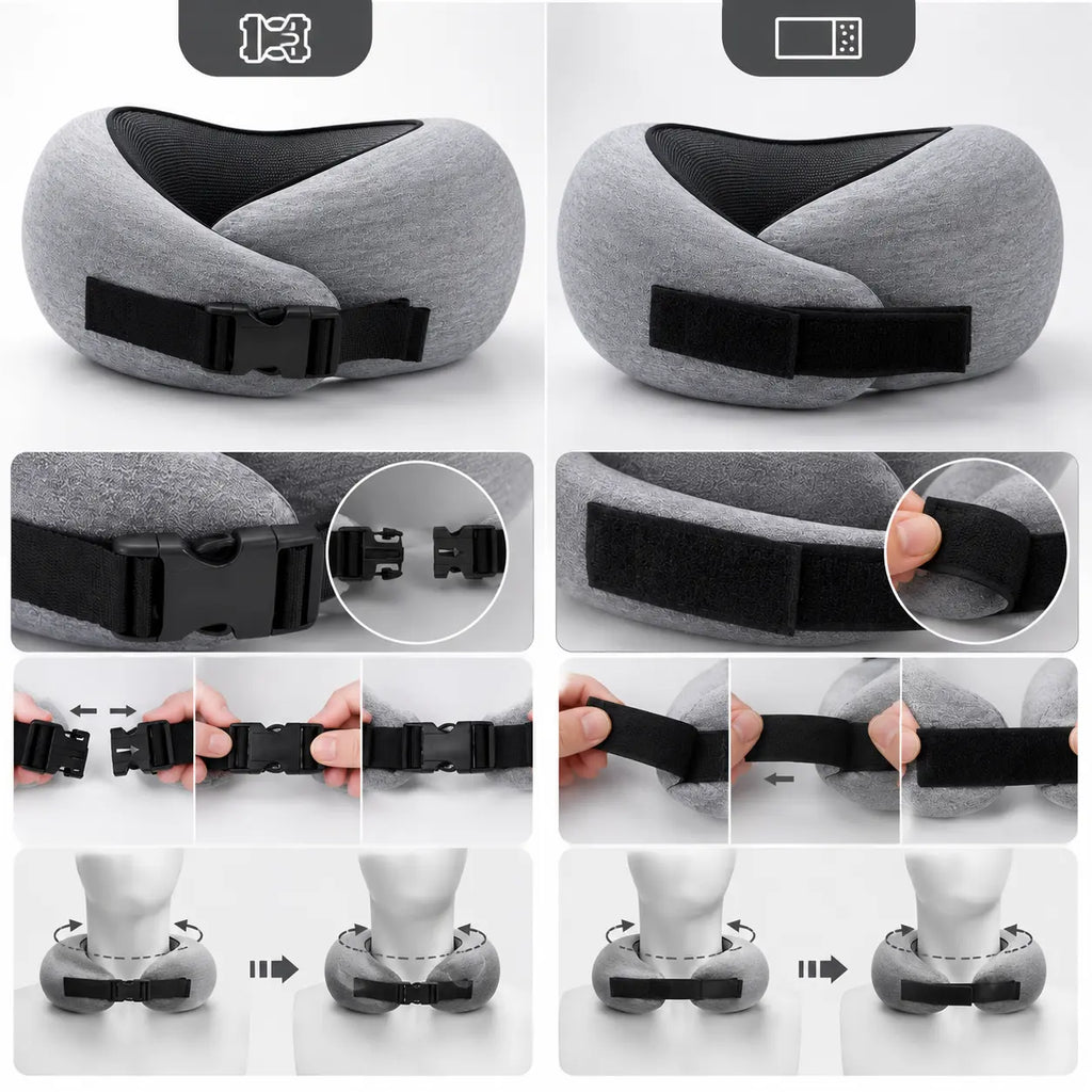 A collage showing a gray travel neck pillow with black adjustable strap hardware, including close-ups of the buckle, velcro strap, and mannequin-neck demonstrations of how the pillow fits and adjusts.