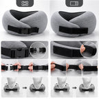 A collage showing a gray travel neck pillow with black adjustable strap hardware, including close-ups of the buckle, velcro strap, and mannequin-neck demonstrations of how the pillow fits and adjusts.