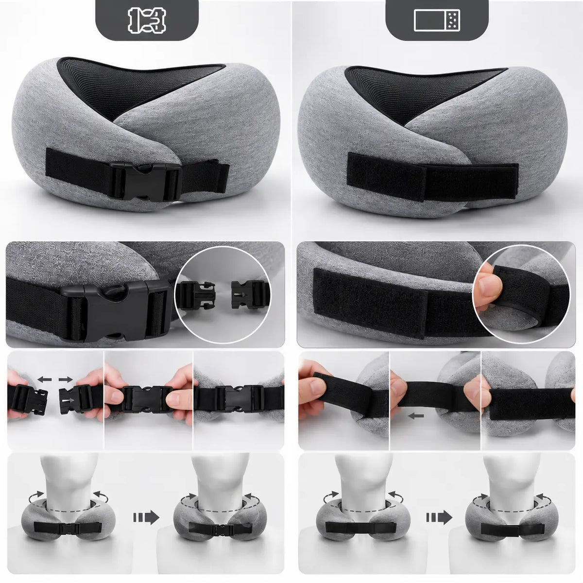 A collage showing a gray travel neck pillow with black adjustable strap hardware, including close-ups of the buckle, velcro strap, and mannequin-neck demonstrations of how the pillow fits and adjusts.