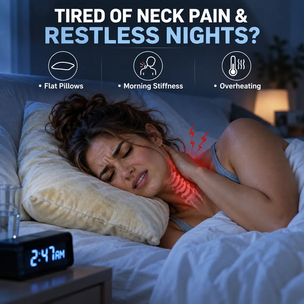 Woman experiencing neck pain and restless sleep on a flat traditional pillow at night
