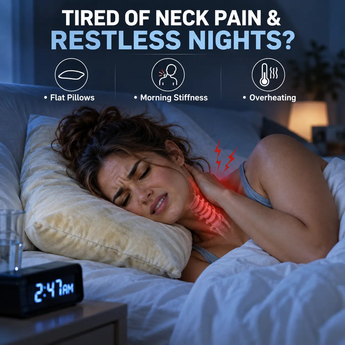 Woman experiencing neck pain and restless sleep on a flat traditional pillow at night