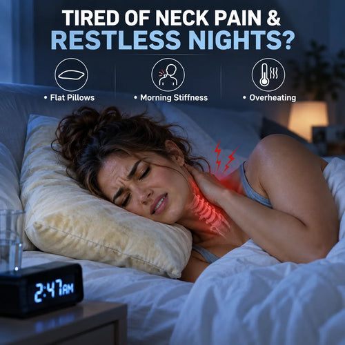 Woman experiencing neck pain and restless sleep on a flat traditional pillow at night