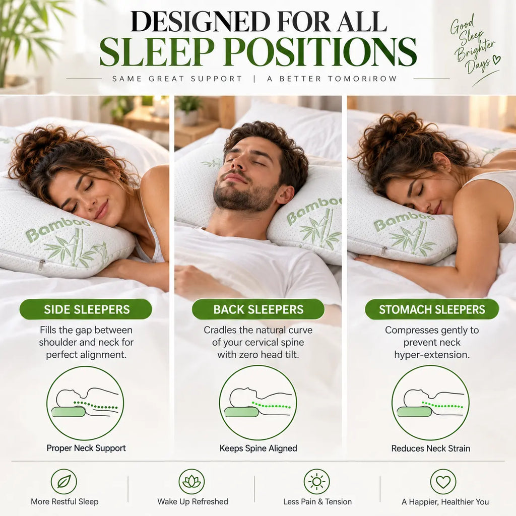 Bamboo memory foam pillow designed for side, back and stomach sleeping positions