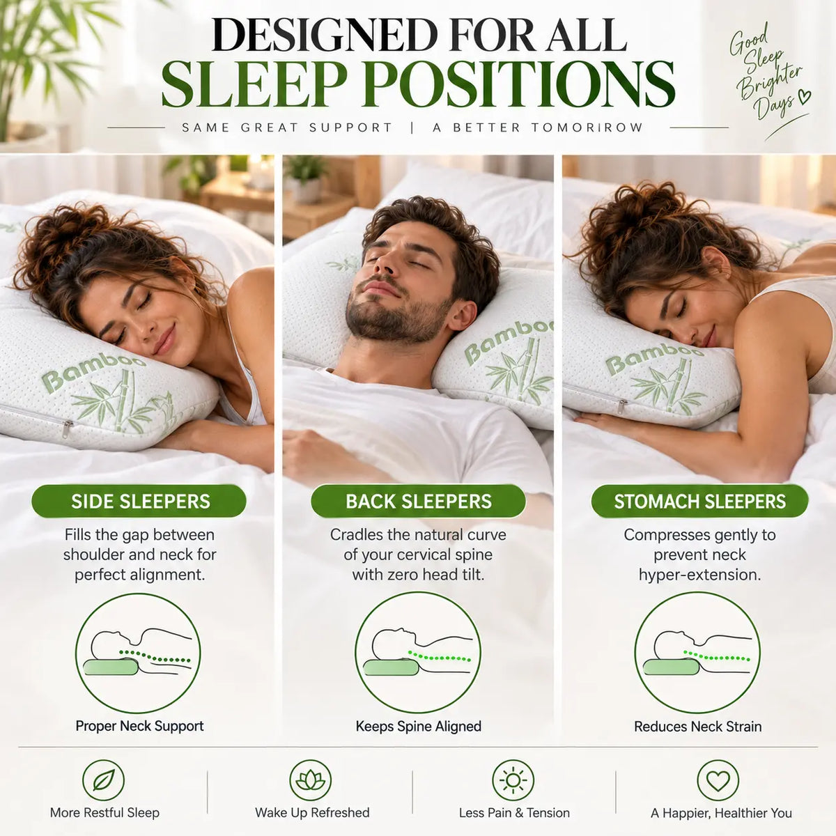 Bamboo memory foam pillow designed for side, back and stomach sleeping positions