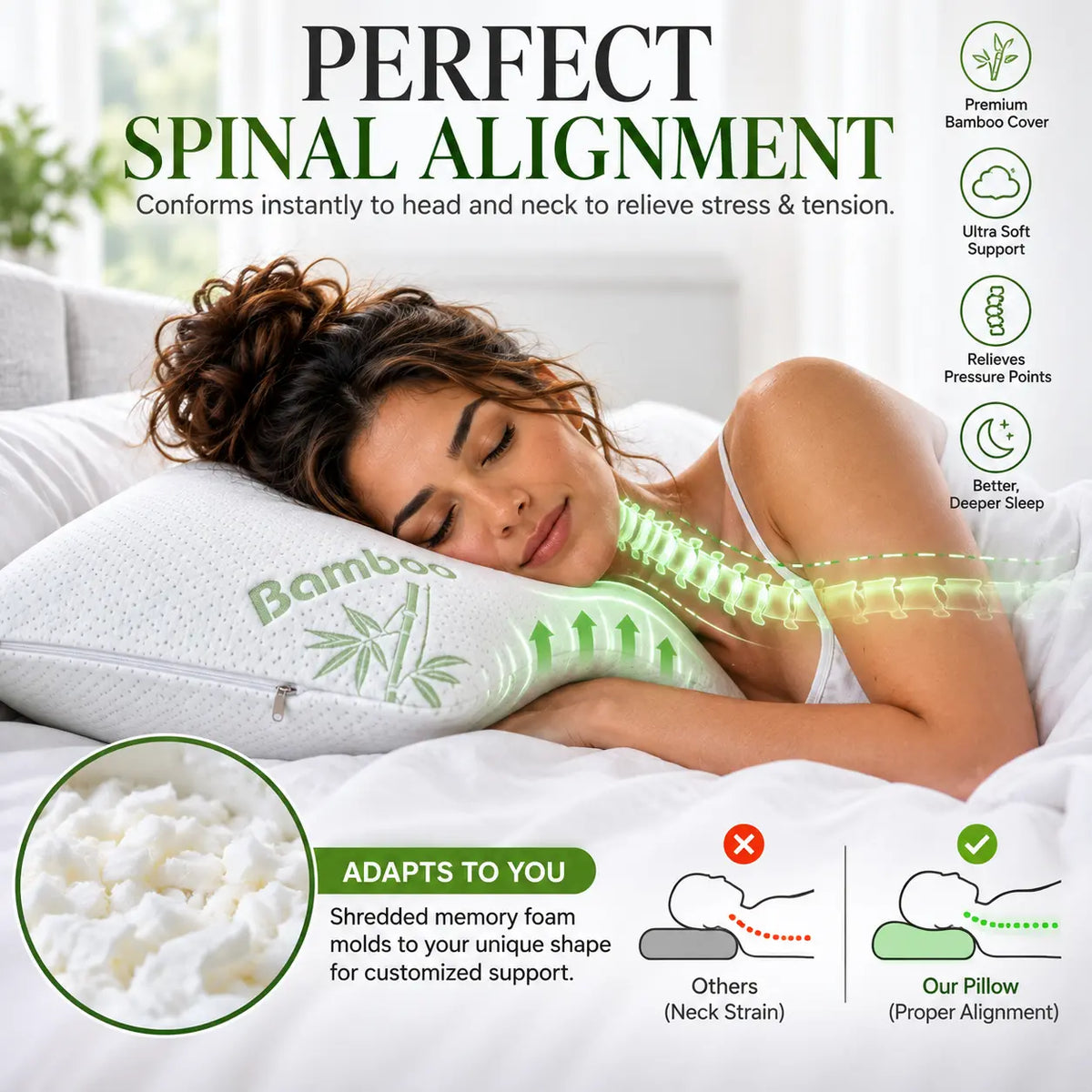 Woman sleeping on her side with bamboo memory foam pillow supporting proper spinal alignment