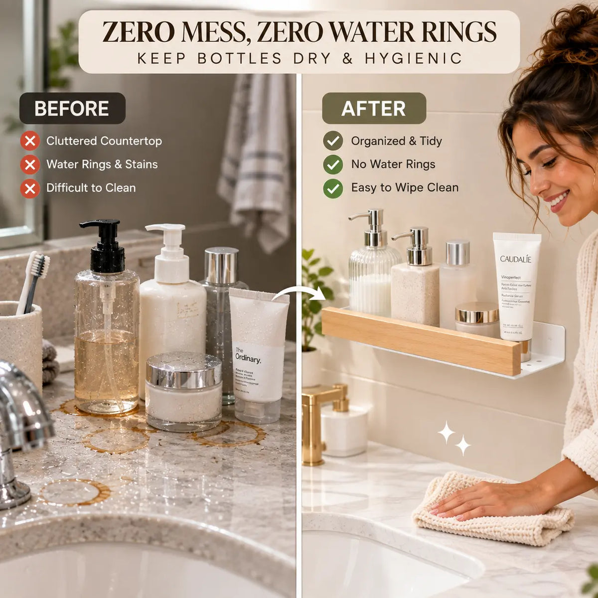 Before and after bathroom countertop comparison showing water rings and clutter versus organized bottles on a wall mounted shelf