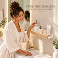 30cm wall mounted bathroom cosmetic organizer with natural beech wood rail and white aluminum shelf holding skincare bottles in a modern bathroom