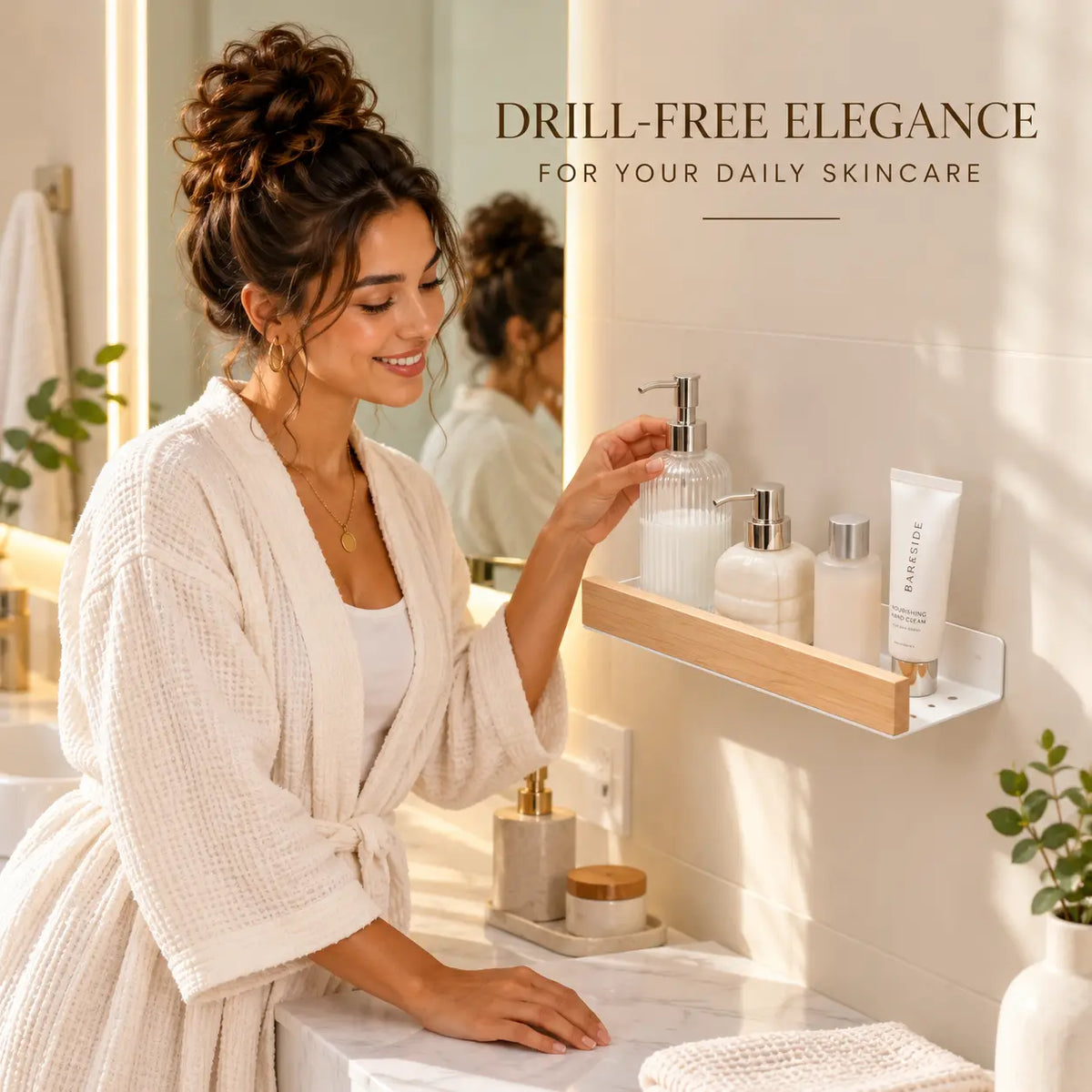 30cm wall mounted bathroom cosmetic organizer with natural beech wood rail and white aluminum shelf holding skincare bottles in a modern bathroom