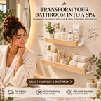 Luxury bathroom with vertically stacked 30cm and 40cm wall mounted shelves holding skincare, cosmetics and rolled linen towels