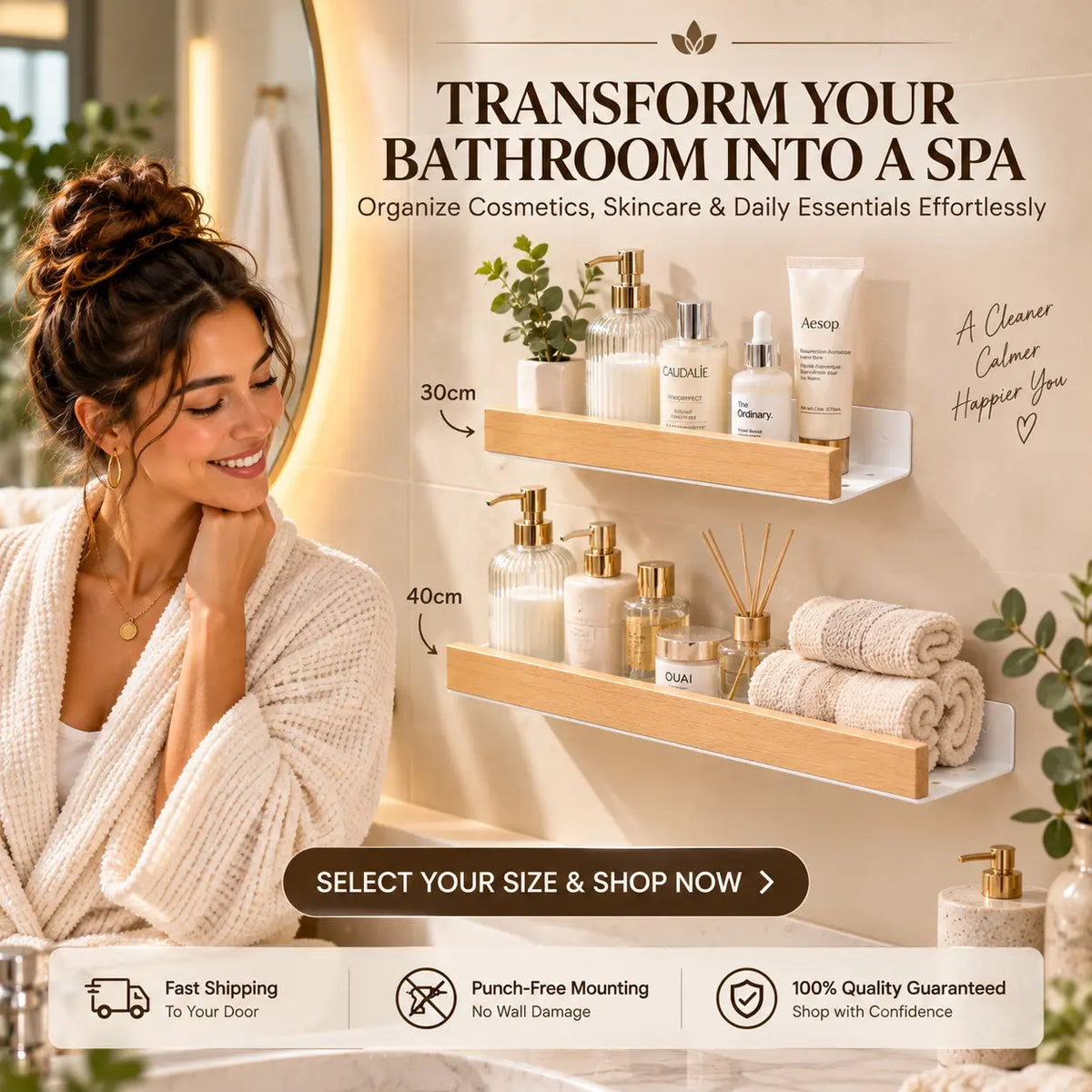 Luxury bathroom with vertically stacked 30cm and 40cm wall mounted shelves holding skincare, cosmetics and rolled linen towels