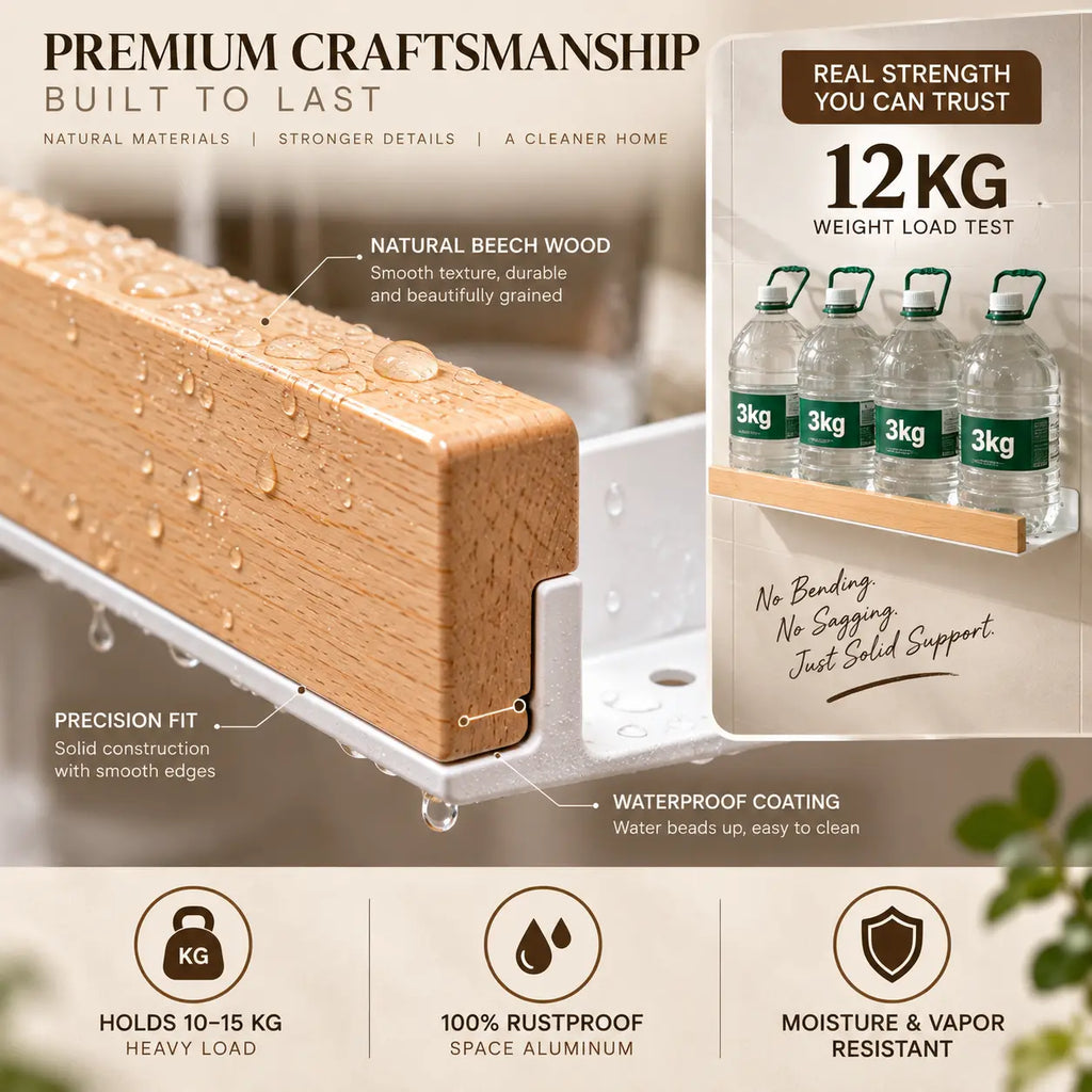 Close up of natural beech wood bathroom shelf rail with water droplets and wall mounted weight load test showing heavy water containers