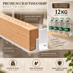 Close up of natural beech wood bathroom shelf rail with water droplets and wall mounted weight load test showing heavy water containers