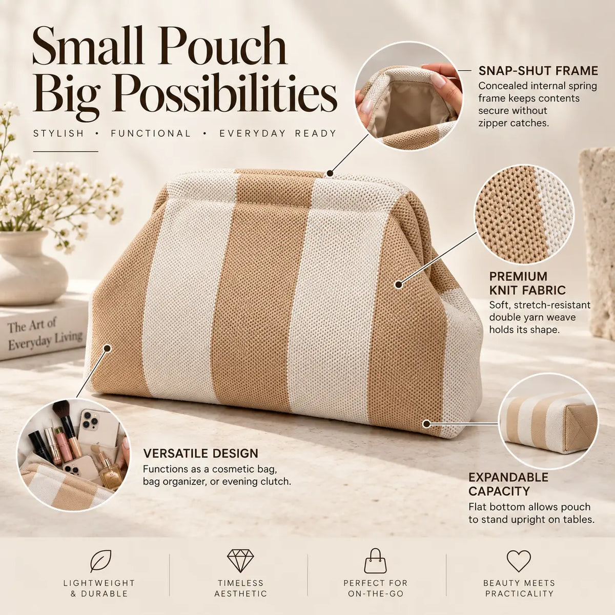 Beige and cream striped knitted pouch with callouts highlighting its frame closure, knit fabric, structured base and versatile design