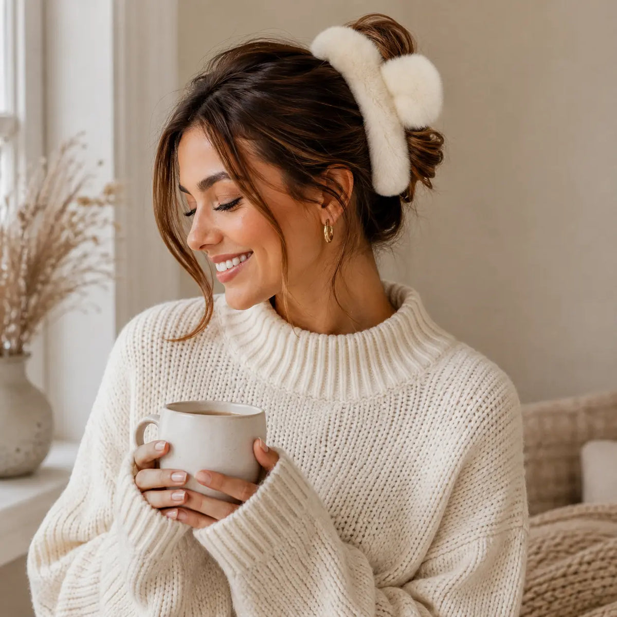 Woman wearing a beige white plush hair claw clip with a cozy white knit sweater while holding a coffee cup in a warm winter lifestyle setting.