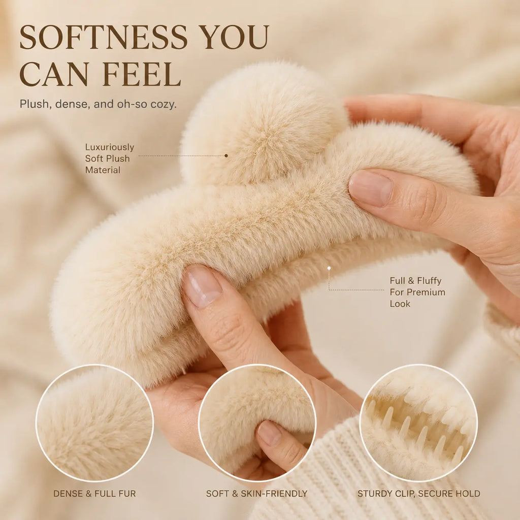 Close up of a beige white plush hair claw clip highlighting its dense fluffy texture, soft plush material, and secure claw teeth design.