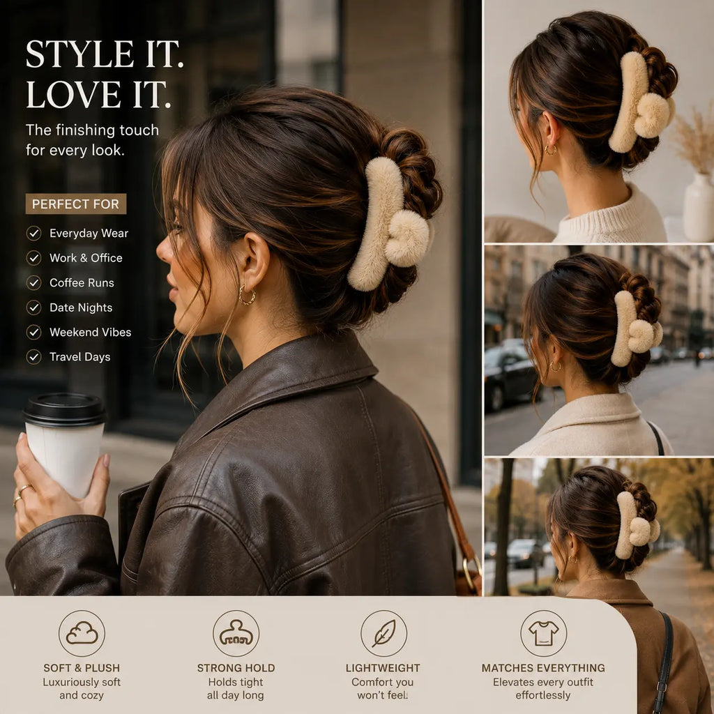 Woman wearing a beige white plush hair claw clip with an elegant updo, styled for everyday wear, work, coffee runs, date nights, weekends, and travel outfits.