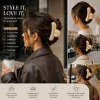 Woman wearing a beige white plush hair claw clip with an elegant updo, styled for everyday wear, work, coffee runs, date nights, weekends, and travel outfits.