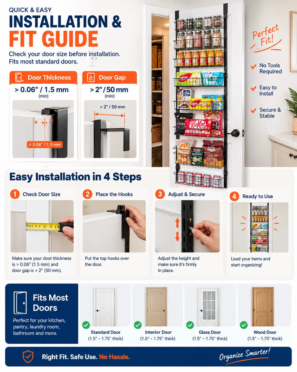 Black 8 tier over door pantry organizer installation and fit guide showing door thickness, door gap, and easy installation steps