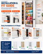Black 8 tier over door pantry organizer installation and fit guide showing door thickness, door gap, and easy installation steps