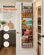 Black 8 tier over door pantry organizer maximizing kitchen storage space with snacks, jars, and canned goods