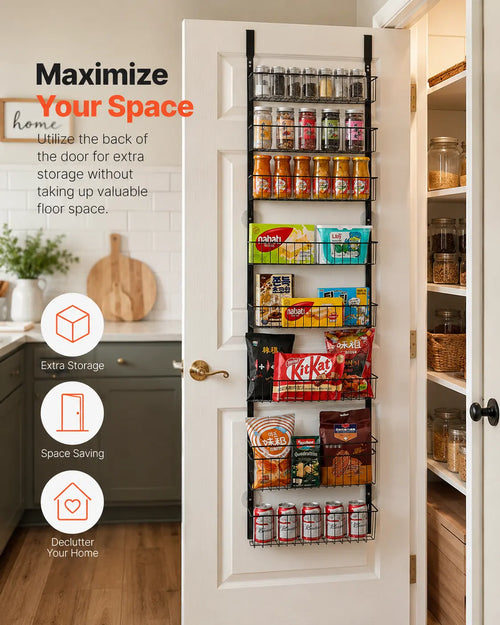 Black 8 tier over door pantry organizer maximizing kitchen storage space with snacks, jars, and canned goods