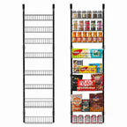 Black 8 tier over the door pantry organizer shown empty and filled with spices, jars, snacks, and canned goods for maximizing kitchen storage space.