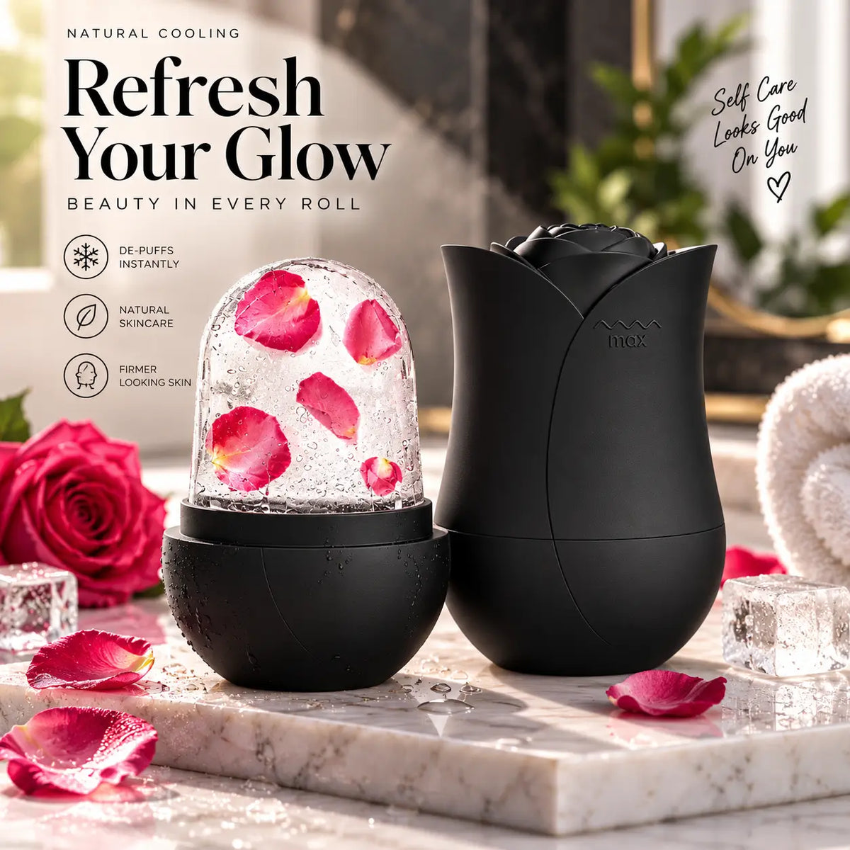 Matte black rose shaped facial ice roller with a clear ice dome infused with red rose petals displayed on a marble vanity with roses and ice cubes