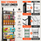 Black 8 tier over door pantry organizer with heavy duty frame, reinforced welds, 15 kg load capacity, and stability comparison