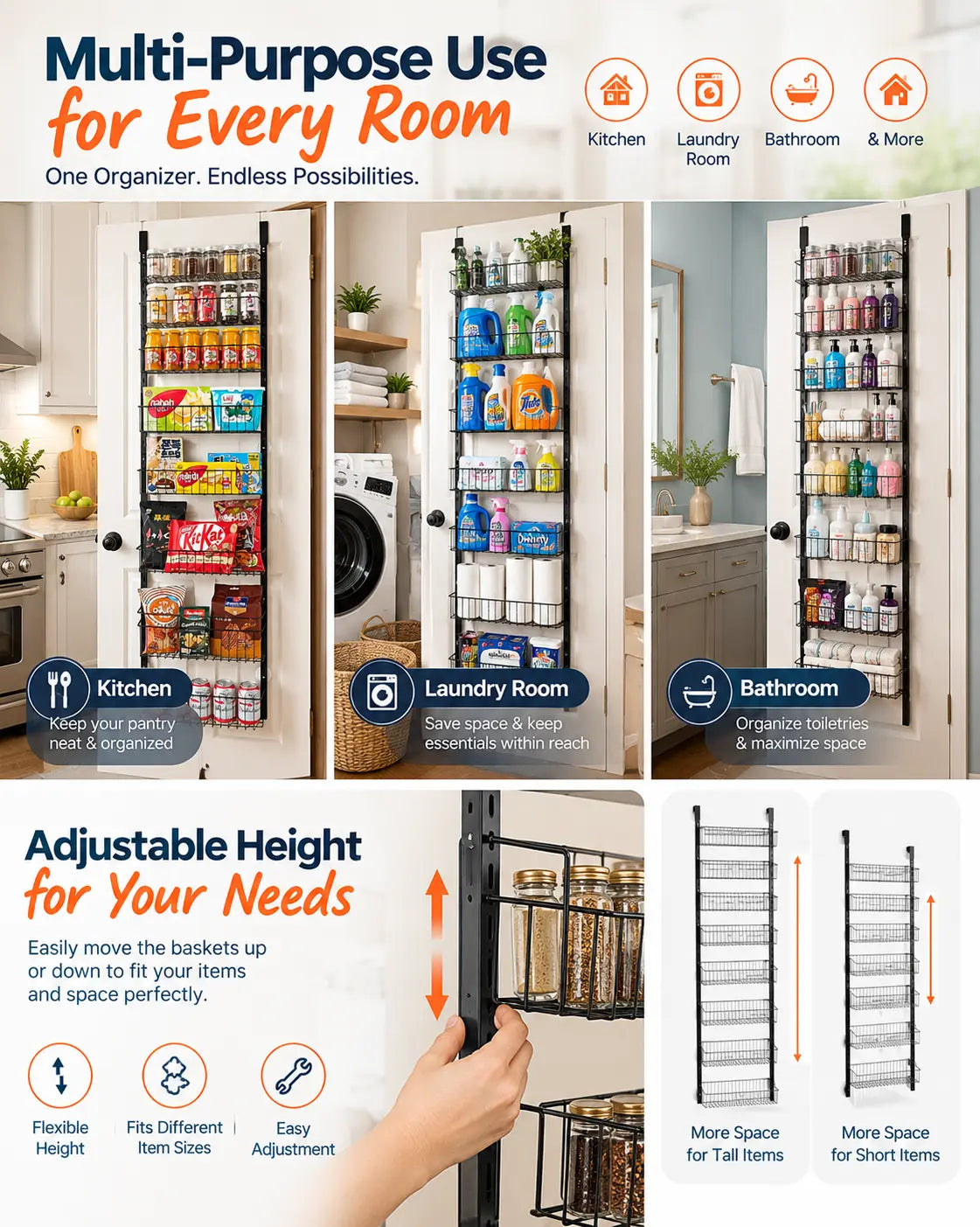 Black 8 tier over door organizer for kitchen, laundry room, and bathroom with adjustable height baskets for flexible storage